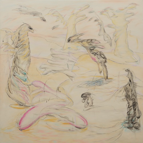 Play in Orange Park, graphite and oil on canvas, 130.3 × 130.3cm, 2024